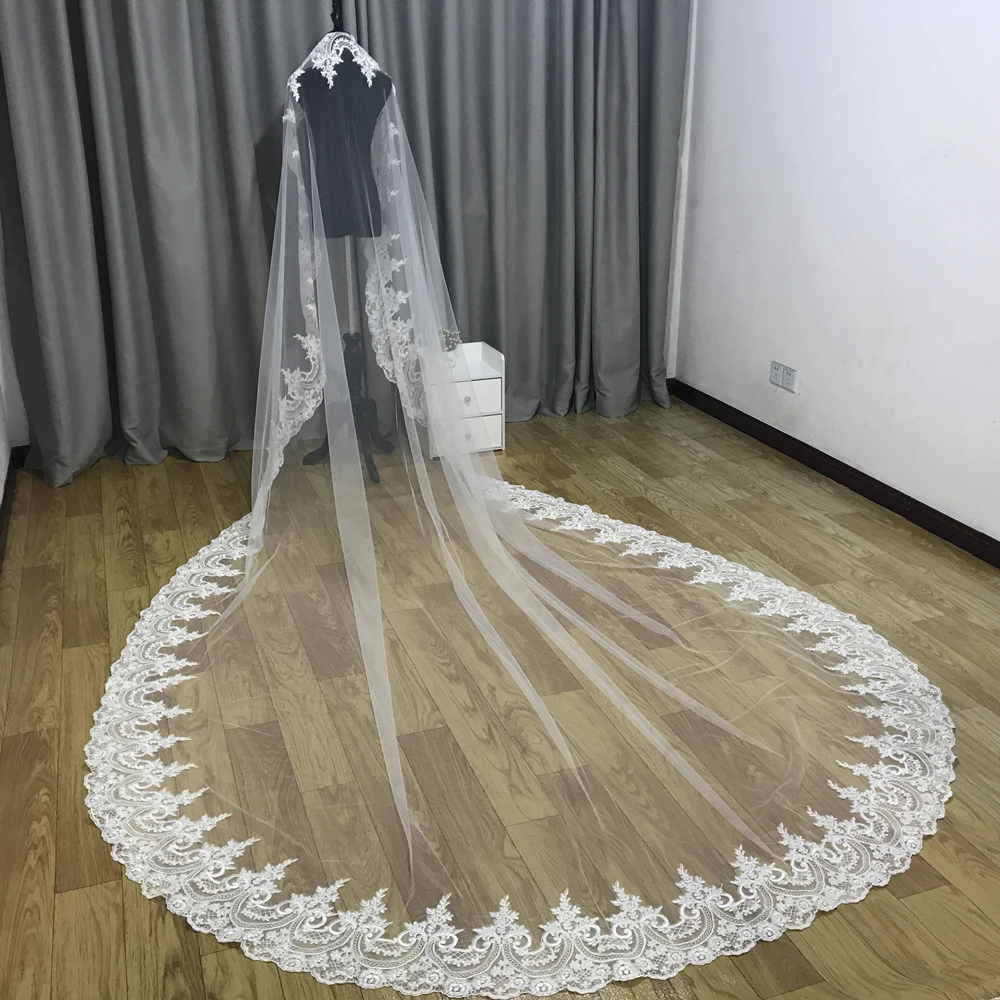 Real Photo 3meter Long Wedding Veil lace veil One Layer Cathedral Veil Tulle veil Bridal Veil white ivory Veil With Comb