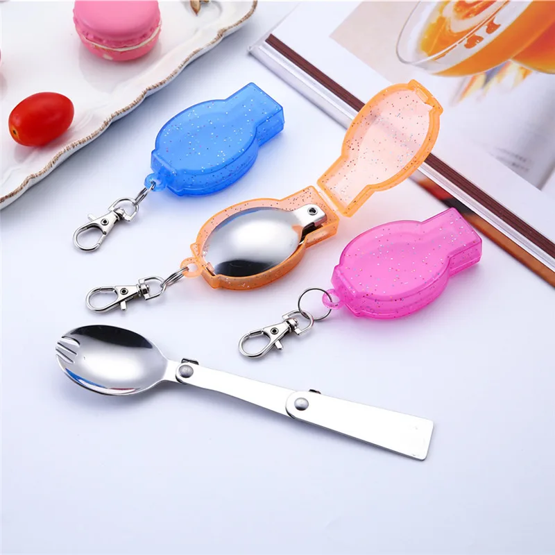 Portable Outdoor Stainless Steel Spoon Keychain Tableware Sleek Folding Coffee Spoon & Fork With 3 Color Key Ring Shell Spoons