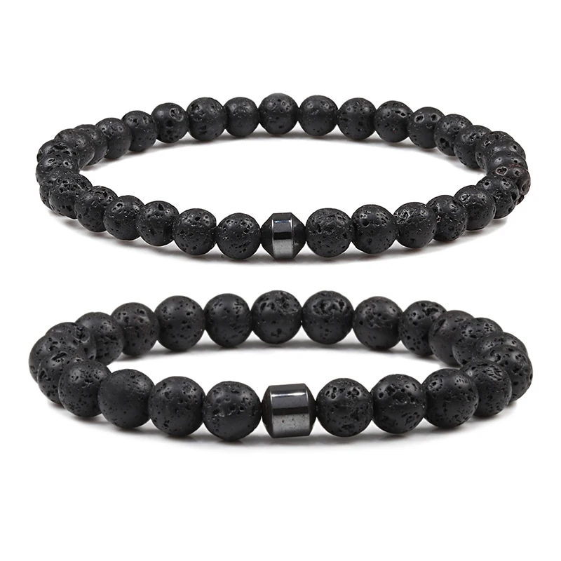 Men Natural Rock Stone Bracelet Energy Hematite Cylinder Black Lava Diffuser 6/8mm Beads Bracelets for Women Yoga Strand Jewelry