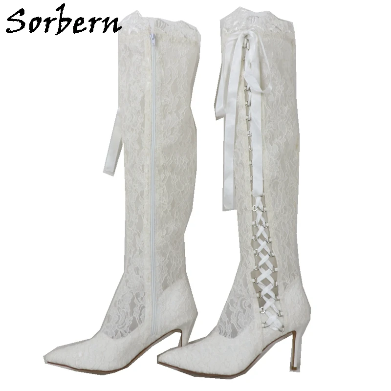 

Sorbern White Lace Wedding Boots For Women High Heel Pointed Toe Lace Up Side Elegant Ribbon Long Mid Thigh High Boots Ladies