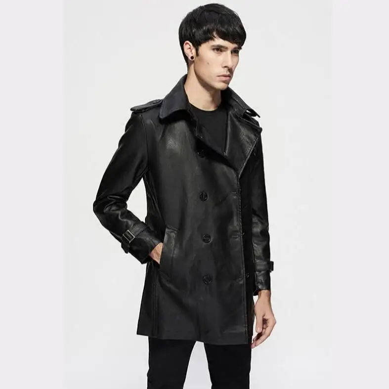 2020 spring and autumn new Men thin belt lapel leather windbreaker male long section Korean jackets Mens slim trend Trench coat