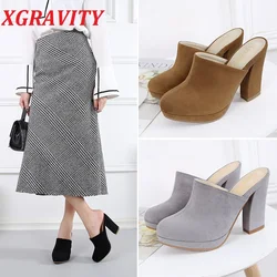 XGRAVITY New Summer Shoes Elegant Fashion Closed Toe Mules 10cm High Heel Height Women Shoes Lady Chunky Slides Female Slippers