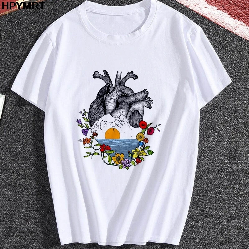 

2021 New Summer T shirts Women Heart scenery Print Tshirt Tops Clothes Harajuku O-Neck Streetwear Ladies Graphic Female T-shirt