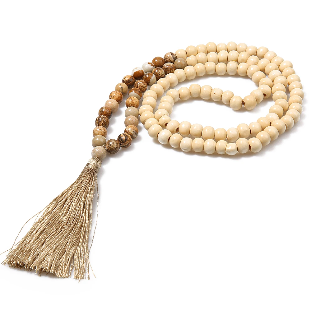 Fashion Bohemian Tassel Yoga Wooden Jewelry Handmade Natural Stone Tassel Necklace for Women Lariat Necklaces