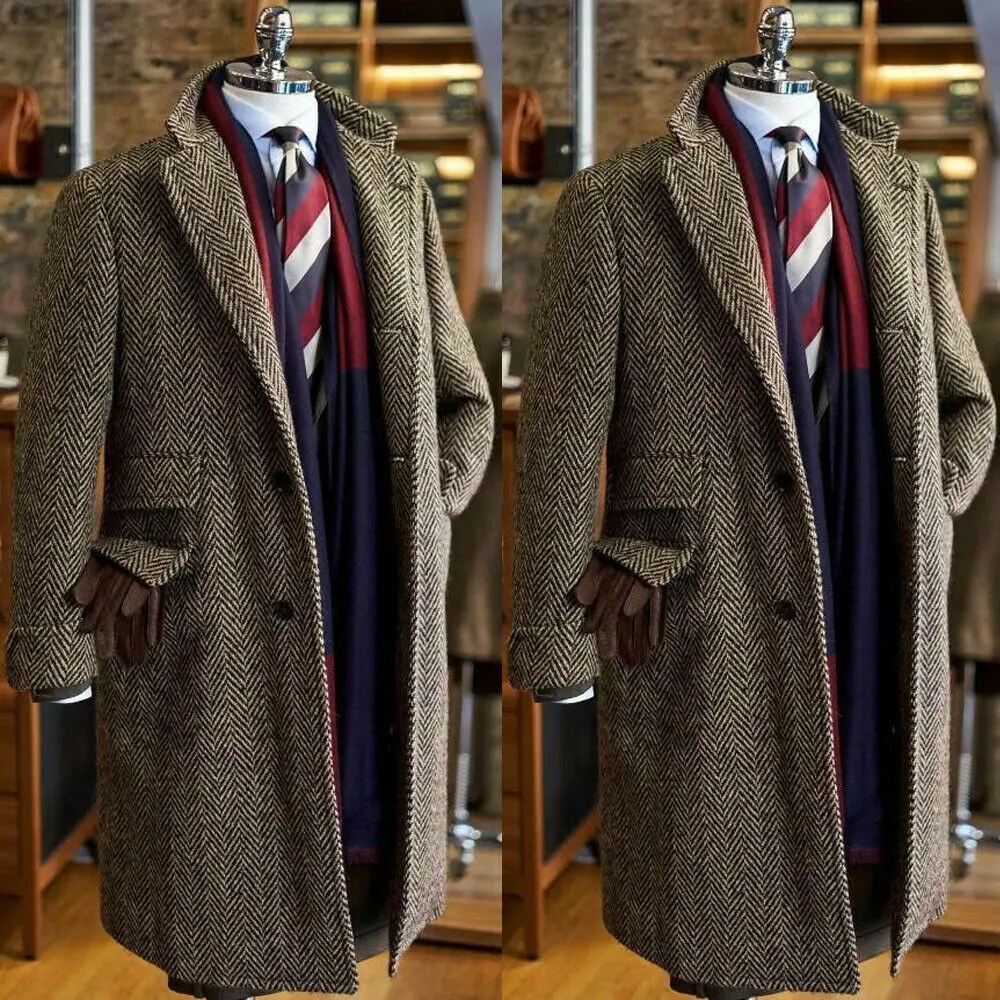 

Spring/Autumn Herringbone Men‘s Trench Coat Long Tweed Wool Warm Suit Jackets Tailor-Made 1 Pieces Male Single Breasted Overcoat