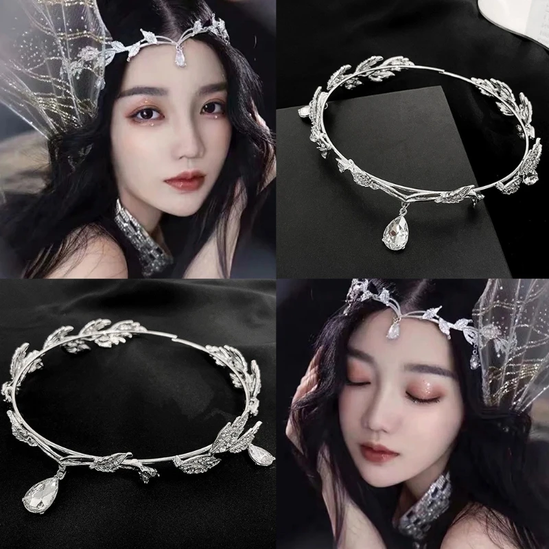 066F Wedding Bride Forehead Tiara Headband Crystal Leaf Hairband Fairy Jewelry Crown