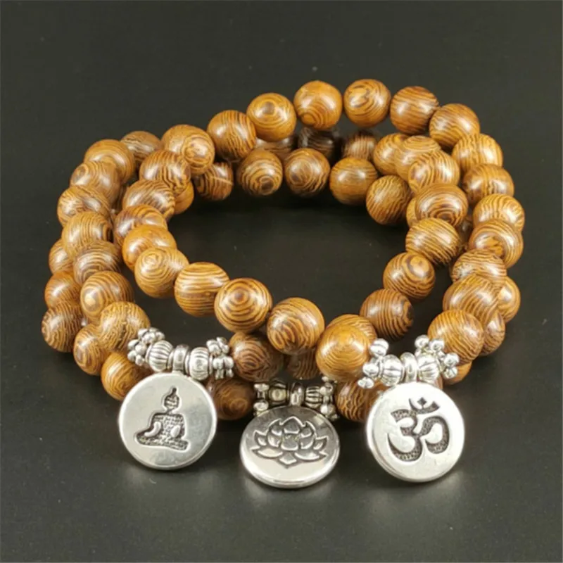 Wood Beads OM Bracelet Men Tibetan Buddhist Mala Buddha Charm Lotus Rosary Bracelet For Women Yoga Wooden Jewelry