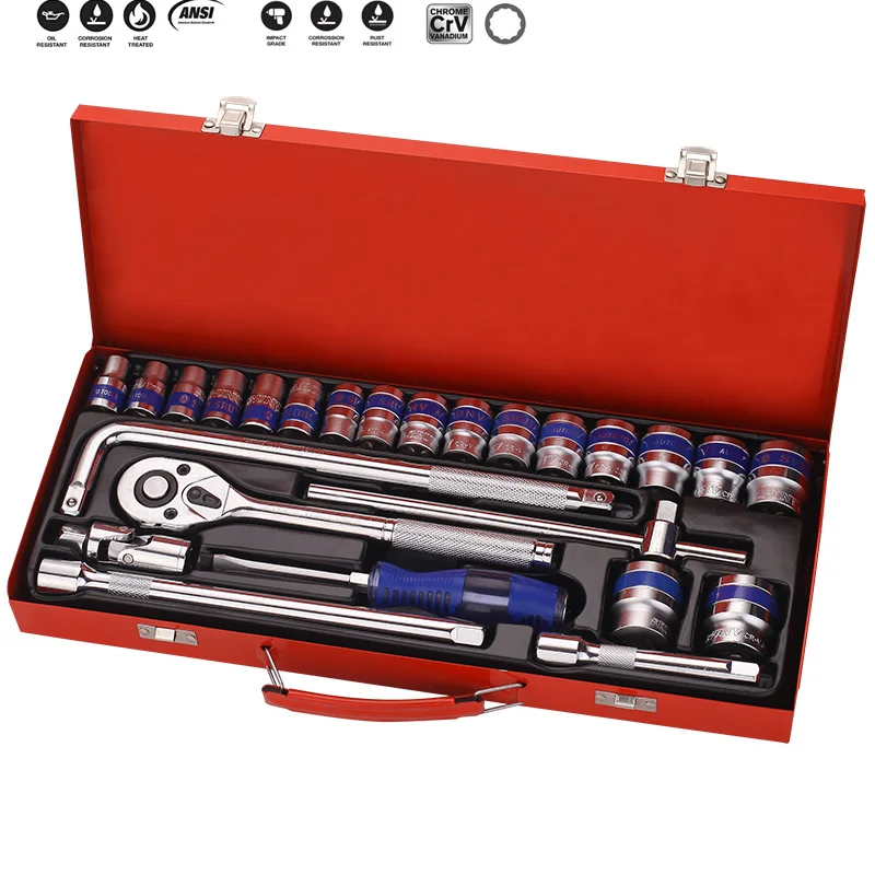 

Tool Box Set Mechanic Tools 1/2" Dr. Socket Ratchet Wrench Set with Screwdriver,24pcs Mirror Automotive Socket Sets Hand Tools