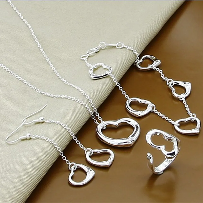 Silver 925 Set Wedding Jewelry Set Charm Heart Pendants Necklace Long Earring Bracelet For Women Wedding Party Gift