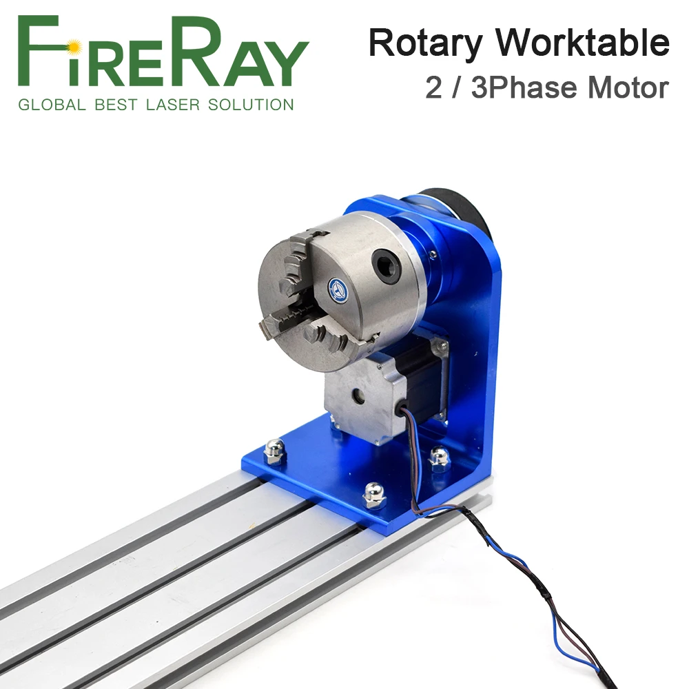 Fireray-accesorio giratorio de eje de rotación con portabrocas, 2 fases, 3 fases, Motor paso a paso, mesa de trabajo rotativa para corte de grabado láser Co2