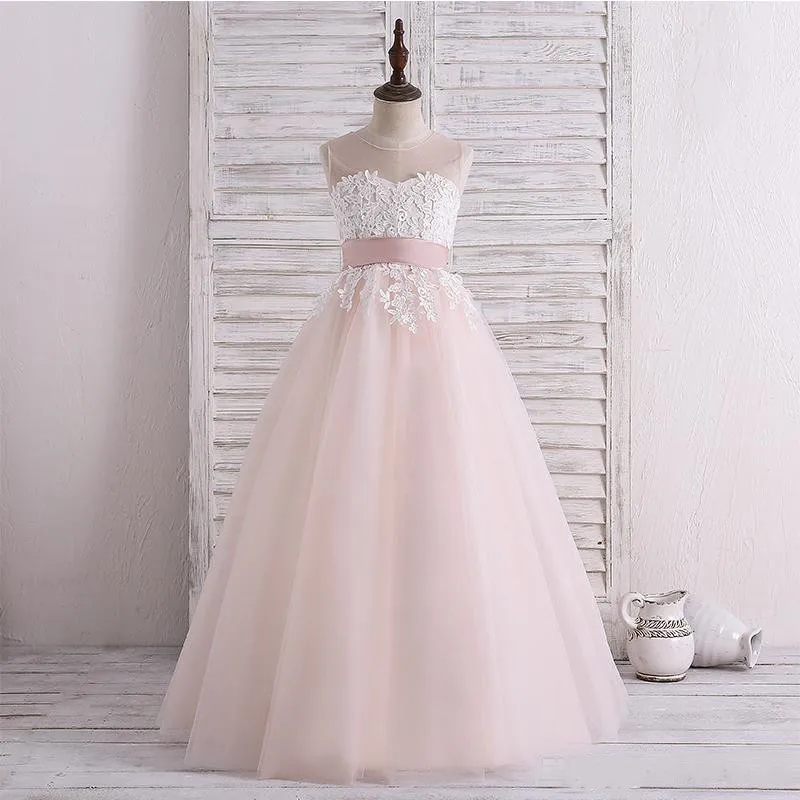 Stunning Ball Gown Wedding Flower Girl Dress Sheer Neck Key Hole Back Princess First Communion Dress Custom Made