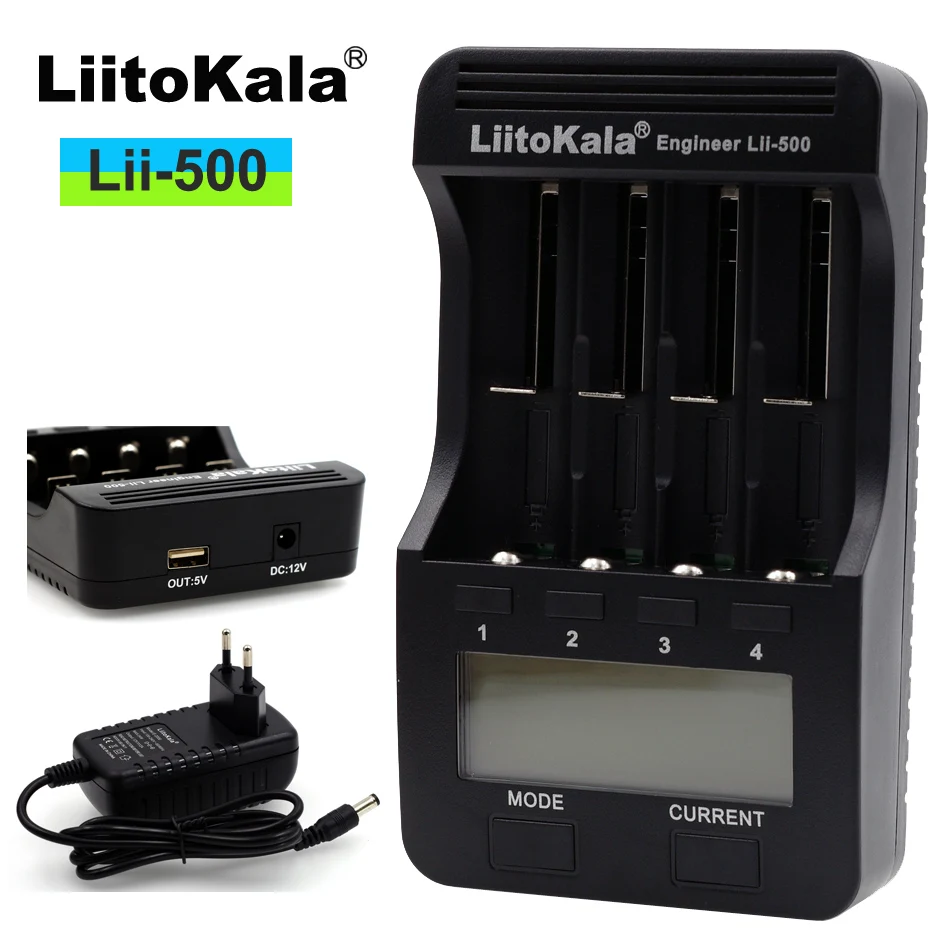 LiitoKala lii500 LCD 3.7V/1.2V AA/AAA 18650/26650/16340/14500/10440/18500 Battery Charger with screen+12V 2A Adapter USB 5V1A