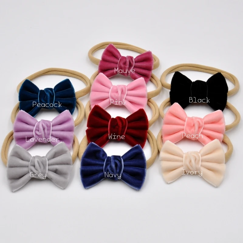 20Pcs/Lot  Handtied Velvet Ribbon Bow Headband Solid Elastic Nylon Hairband  Baby Bow Hairpins Infant Hair Accessory