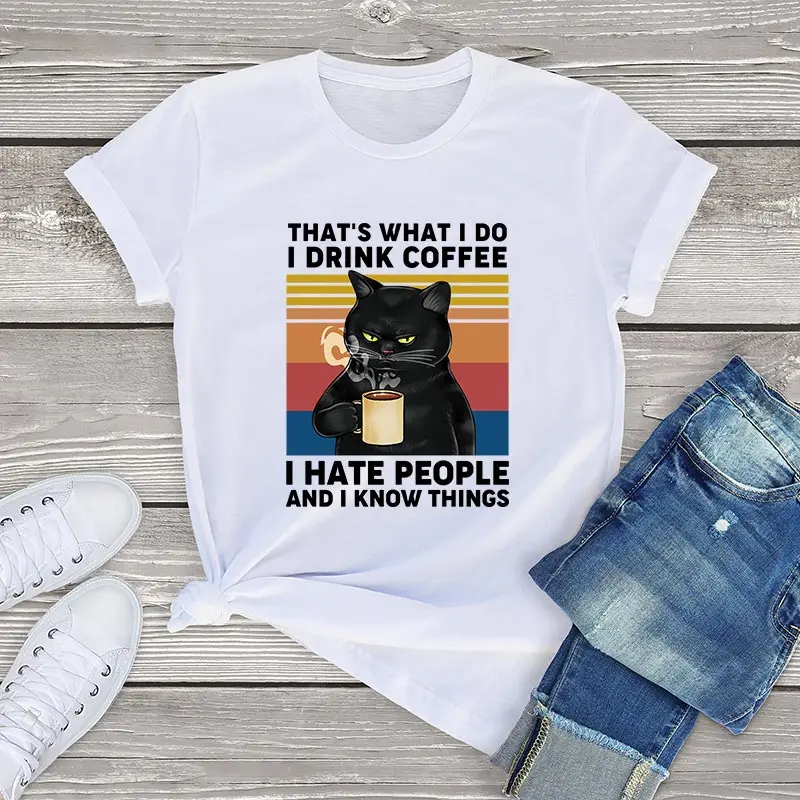 100 cotton coffee Cat t shirt womens tops That's What I Do I Drink Coffee I Hate People graphic cat t shirt men cute tee xs-3xl