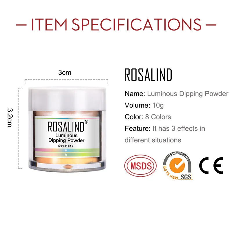 ROSALIND Luminous Dipping Powder Nail Art Decorations No Need Cured 10g Holographic Powder Glitter Dip Nail Dust Without Lamp