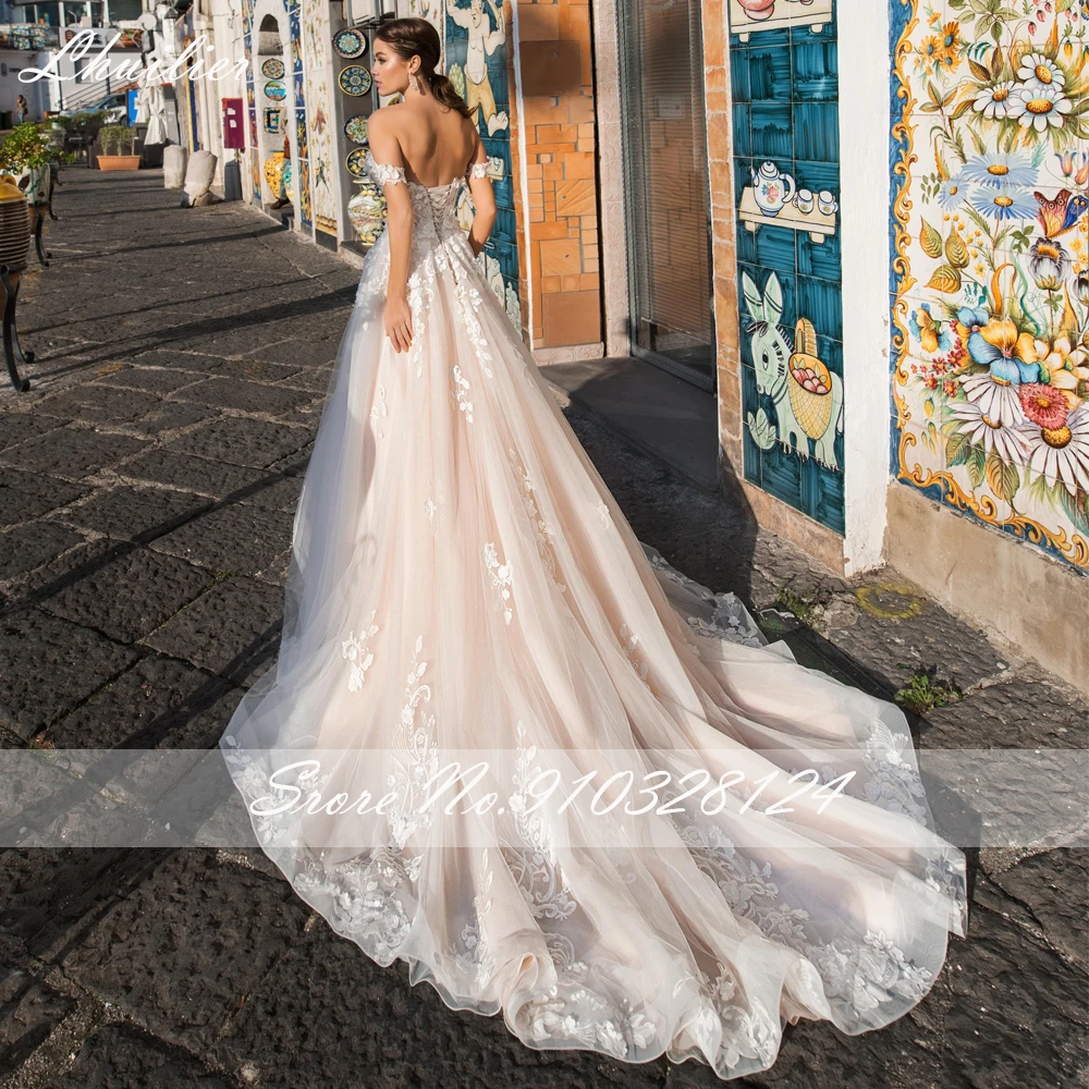 Lhuilier-vestidos de novia personalizados con hombros descubiertos, corte en A, largo hasta el suelo, Apliques de encaje, cola de corte, vestido de novia con flores