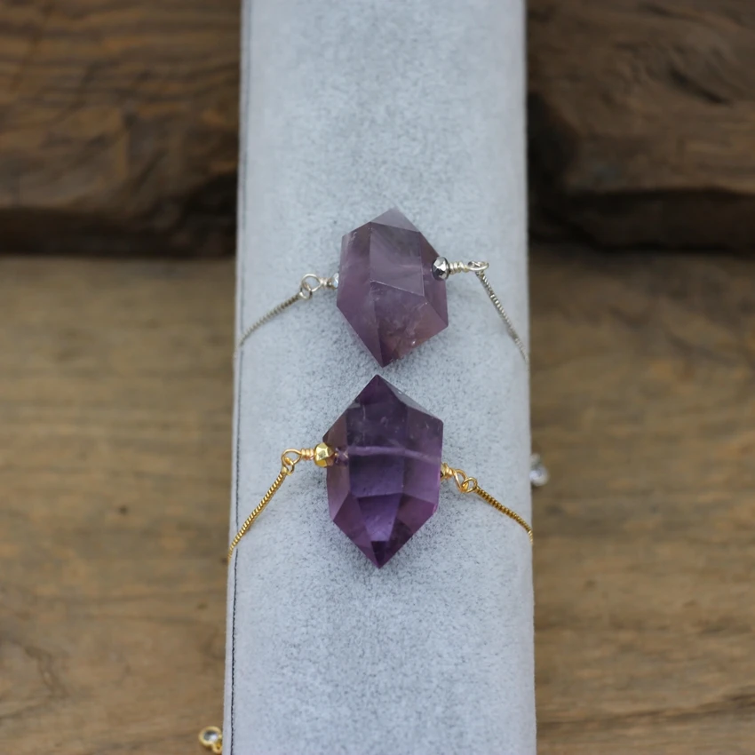 

Natural Amethysts Double Point Brass Chains Adjustable Bracelets Healing Crystal Fashion Women Jewelry Dropship QC2034
