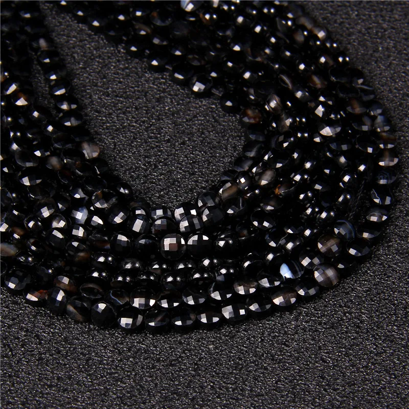 Natural Stone Black Stripe Onyx Agates Round Faceted Tiny Loose Aagt Spacer Beads for Jewelry Making Bracelet Necklace 4mm 6mm