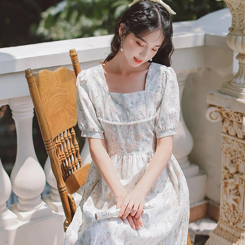 French Puff Sleeve Fairy Dress Women Vintage Sweet Party Floral Long Dress Female Summer Chiffon Korean Bandage Dresses 2021 New