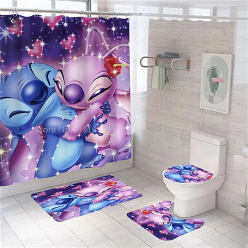 Disney 3D Lilo Stitch Bathroom Shower Curtain Waterproof Curtains in the Bathroom with Hook Set Soft Bath Mat Toilet Carpet Rugs