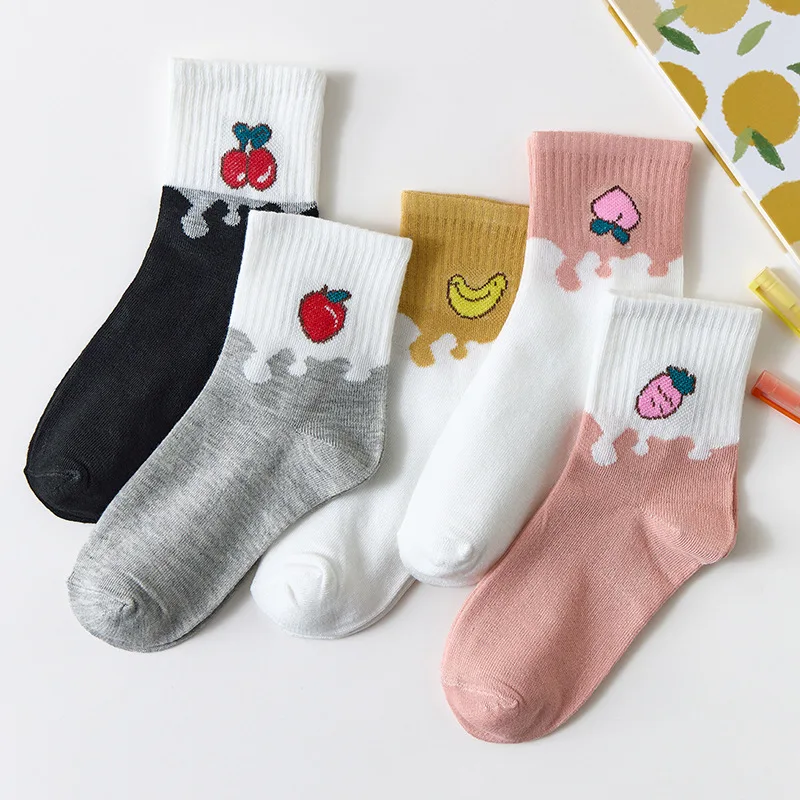 5 Pairs Women's Socks Set Funny Happy Cream Fruit Harajuku Cute Cartoon Sport Socks Breathable Thin calcetines skarpetki damskie