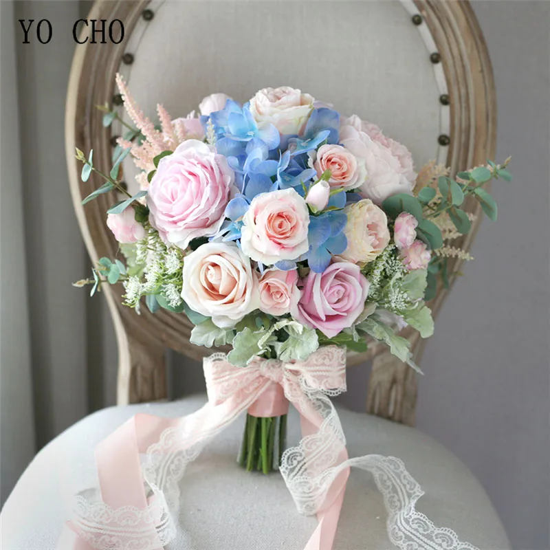 

YO CHO Bride Wedding Bouquet Handmade Artificial Silk Rose Hydrangea Flower Pink Blue Luxurious Bouquets Wedding Supplies