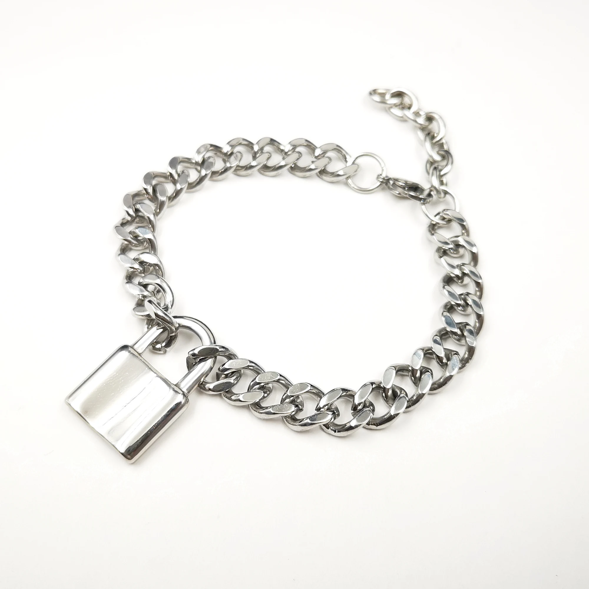 Large Lock Charms Bracelet Stainless Steel Curb Chain Anklet 10mm 22cm (8.66 inch ) Polished Jewelry XMAS Gift