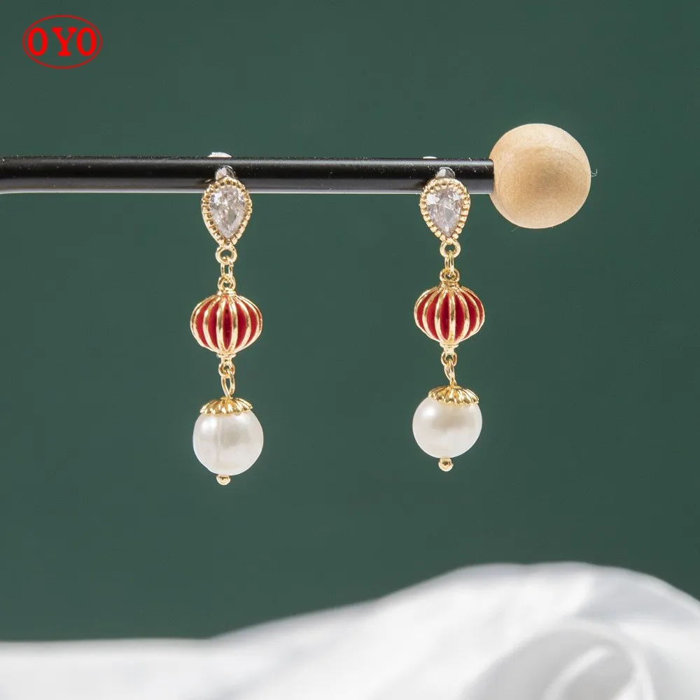 

925 sterling silver original design natural pearl red lantern earrings