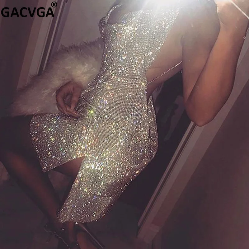 GACVGA Crystal Metal Halter Shining Summer Dress High Split Women Beach Dress Sequin Mini Sexy Club Party Dresses Vestidos