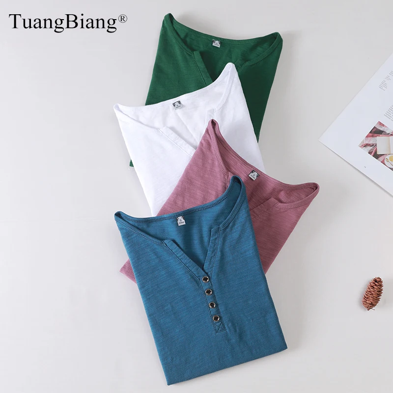 TuangBiag 2023 Spring Long Sleeve Button V-Neck Bamboo Cotton T-Shirt Women Loose Fashion Brand T Shirt Lady Simple Casual Tops