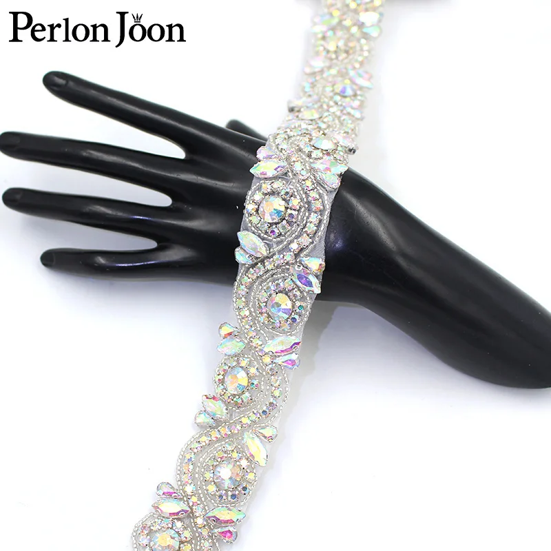 Handmade rhinestone trim band Hot Fix Sew on bridal accessories the Sash AB Crystal Applique for Wedding Dress belt WH043