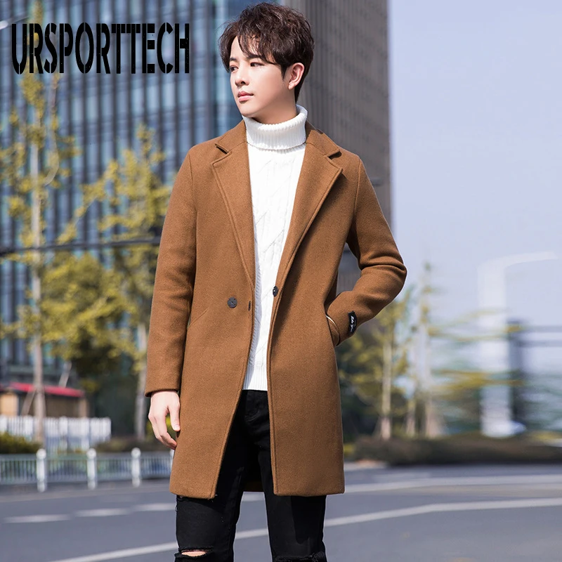 Autumn Winter Mens Wool Coat Fashion Middle Long Turn Down Collar Cotton-padded Thick Warm Woolen Coat Male Trench Coat Overcoat