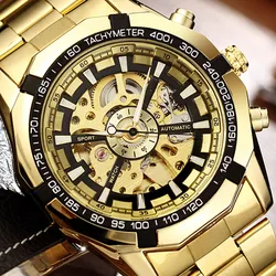 Reloj mecánico automático de esqueleto para hombre, pulsera de acero inoxidable, reloj deportivo de lujo, reloj de pulsera chino, Winner Gold