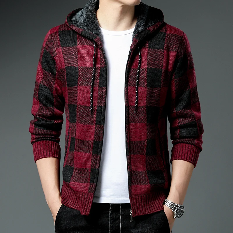 Men's Fleece Thick Knit Cardigan Sweater Fashion Plaid Hooded Jacket Korean Zipper Warm Sweater Casual Men's Wear