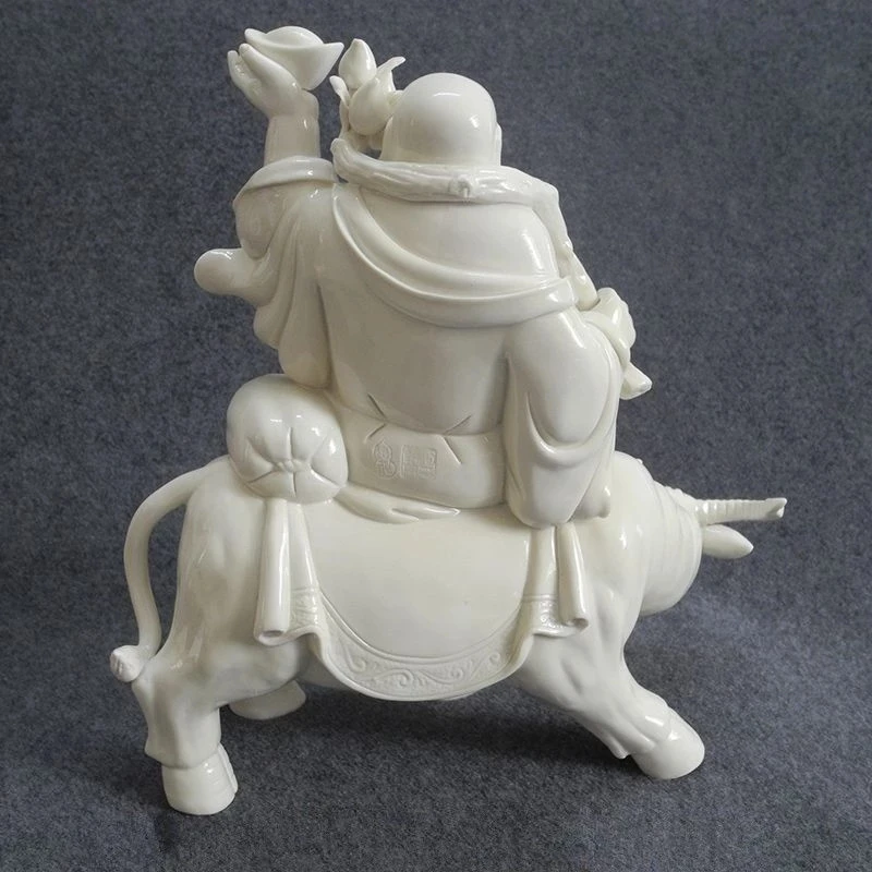 33cm dehua porcelain laughing Buddha riding a cow thriving business gourd statue porcelain crafts family Christmas decorations