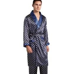 Conjunto de pijama de duas peças acetinado masculino, quimono de manga comprida, robe sedoso, conjunto de pijamas, calças, 7XL, 2 PCs