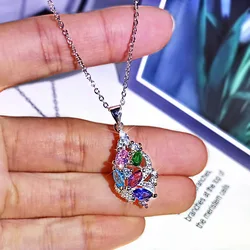 Hot Sale S925 Silver Crystal Stone Pendant Necklace For Women Bright Multicolor Zirconia Clavicle Chain Trendy Jewelry 2021