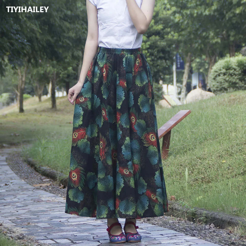 TIYIHAILEY Free Shipping High Quality Long Maxi A-line Elastic Waist Women Cotton Linen Print Flower Autumn Spring Big Hem Skirt