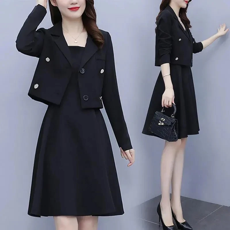 Office Lady Elegant 2 Piece Set Women Elegant Cropped Blazer Jacket And Sleeveless A-Line Tank Dress Suit Spring Thin Outfits