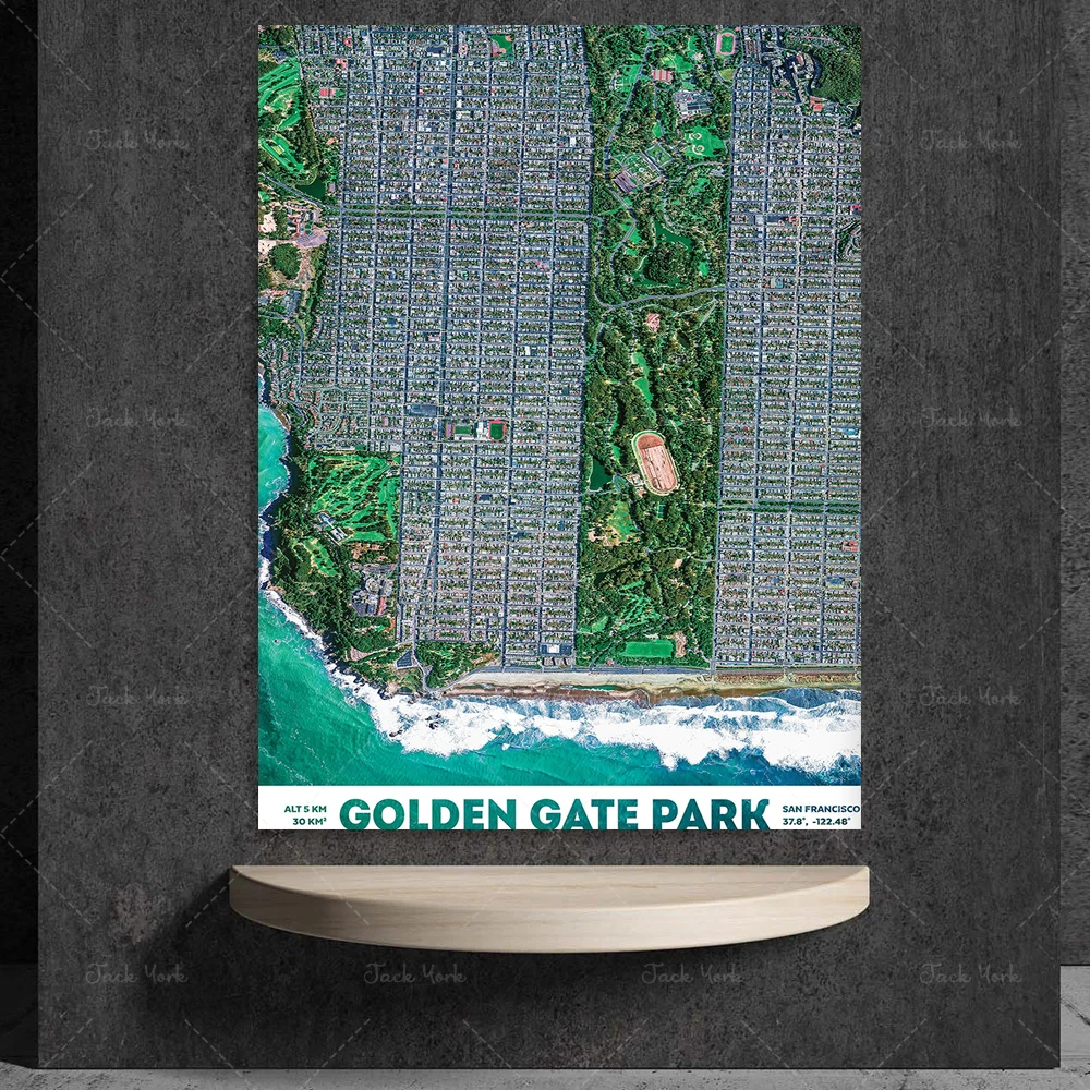 Golden Gate Park Satellite Photohraphy Art Print // Erde aus dem Weltraum, modernes Fine-Art-Poster, Heimdekoration, Bürowandkunst, Scie