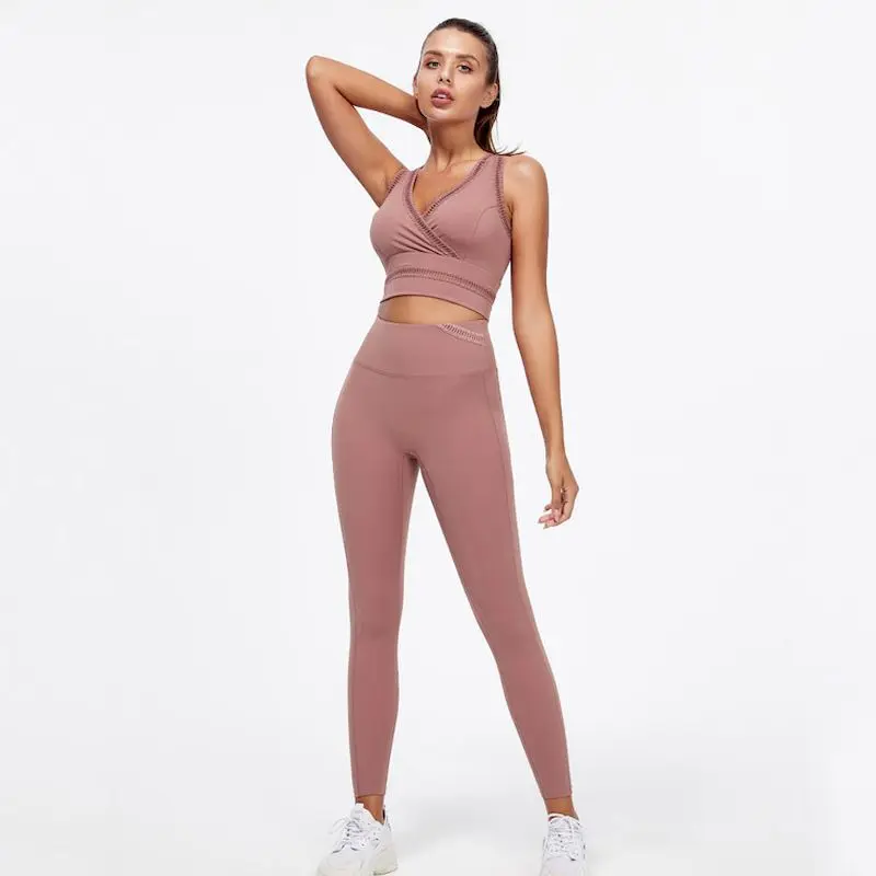 Two-Piece Sets for Women Hollow Running Yoga Suits High Waist V-shape Tight Pants Sports Fitness Gym Clothing Breathable Outdoor