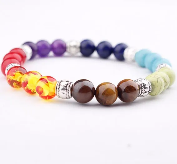 8mm turquoise multicolor Agate Chakra Healing Reiki Buddha Yoga Bracelet elastic adjustable black Volcanic Stone Bangles ev43