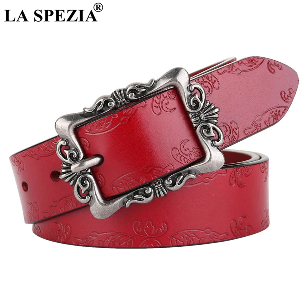 Red Women Belt Real Leather Cowskin Ladies Waist Belt Pin Buckle Female Waistband Vintage Accessories Jeans Strap 110cm