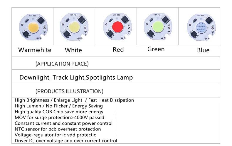 1pcs 3W 5W 7W 10W 12W LED COB Chip AC110V/ 220V Smart IC Driver Lamp bulb RED Green Blue Light Source For DIY Light Spotlight