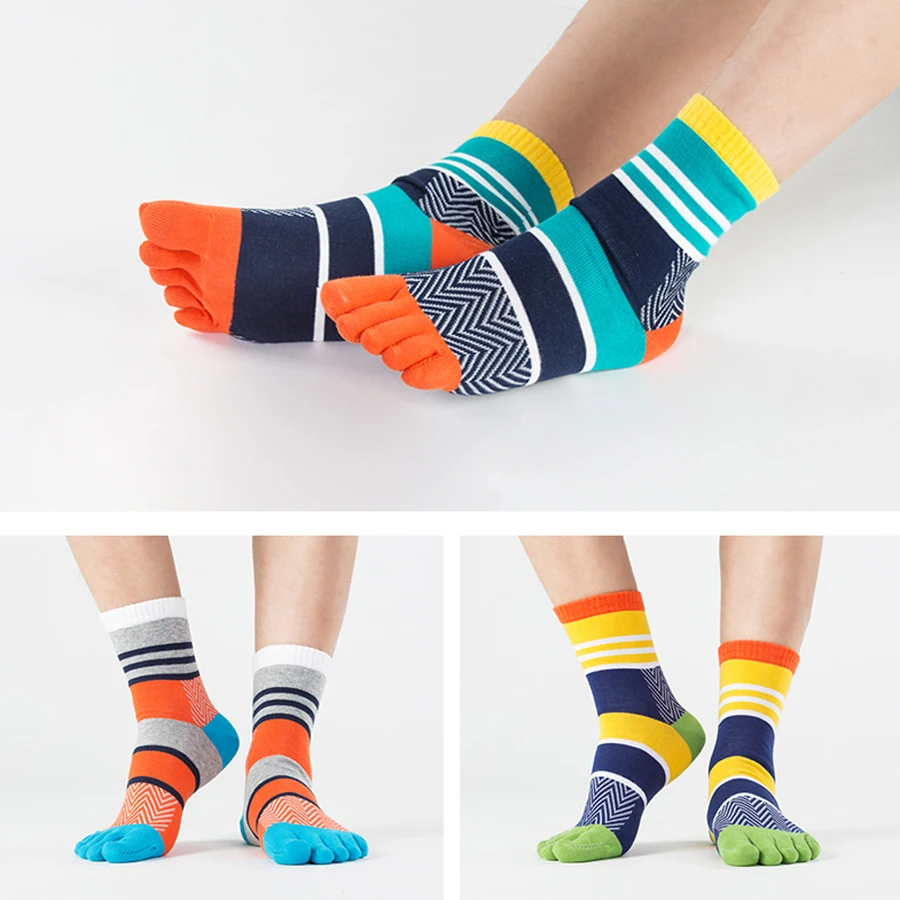 5 Pairs/Lot Men Colorful Stripe Socks Fashion Cotton Five Fingers Toe Mosaic Deodorant Business Europe Wild Funny Sock for Sport