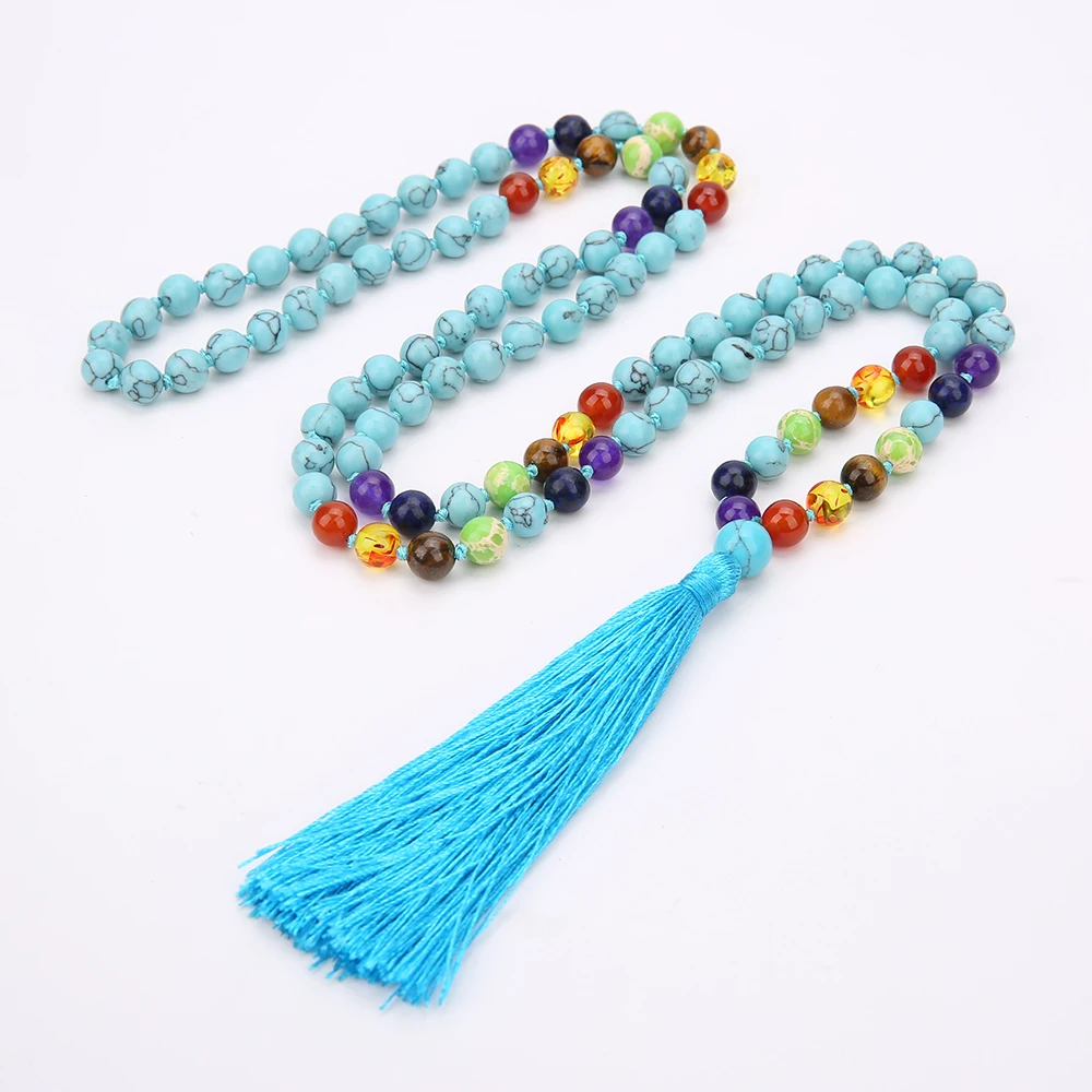 

7 Chakra 108 Mala Beaded Hand Knotted Necklace Meditation Yoga Prayer Jewelry Long Tassel Japamala Rosary