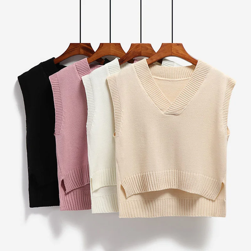 Women Sweater Vest V-neck Knitted Top 2024 New Korean Fashion Knitwear Spring Autumn Jumper Female Solid Sleeveless Pullover