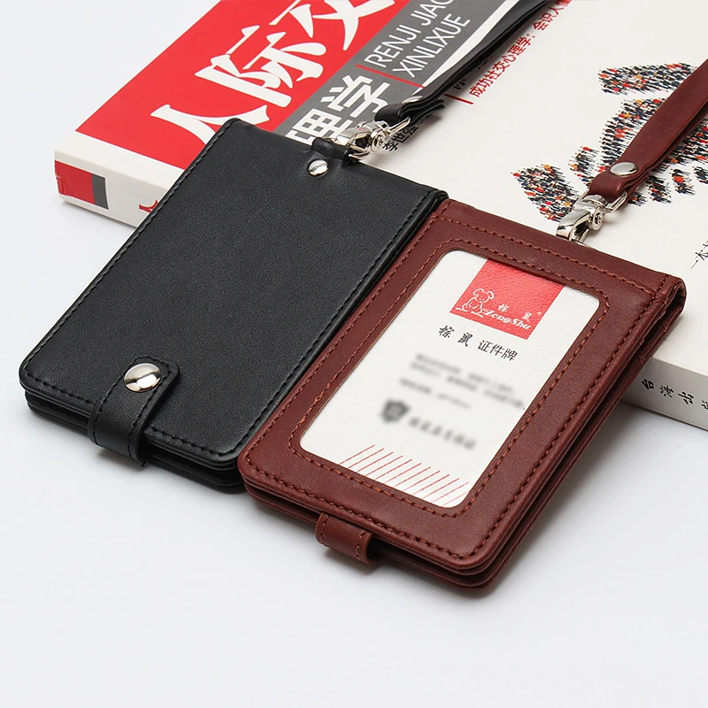 

Leather Id Holders Case PU Business Badge Card Holder with Necklace Lanyard LOGO Customize Print School Office Supplies