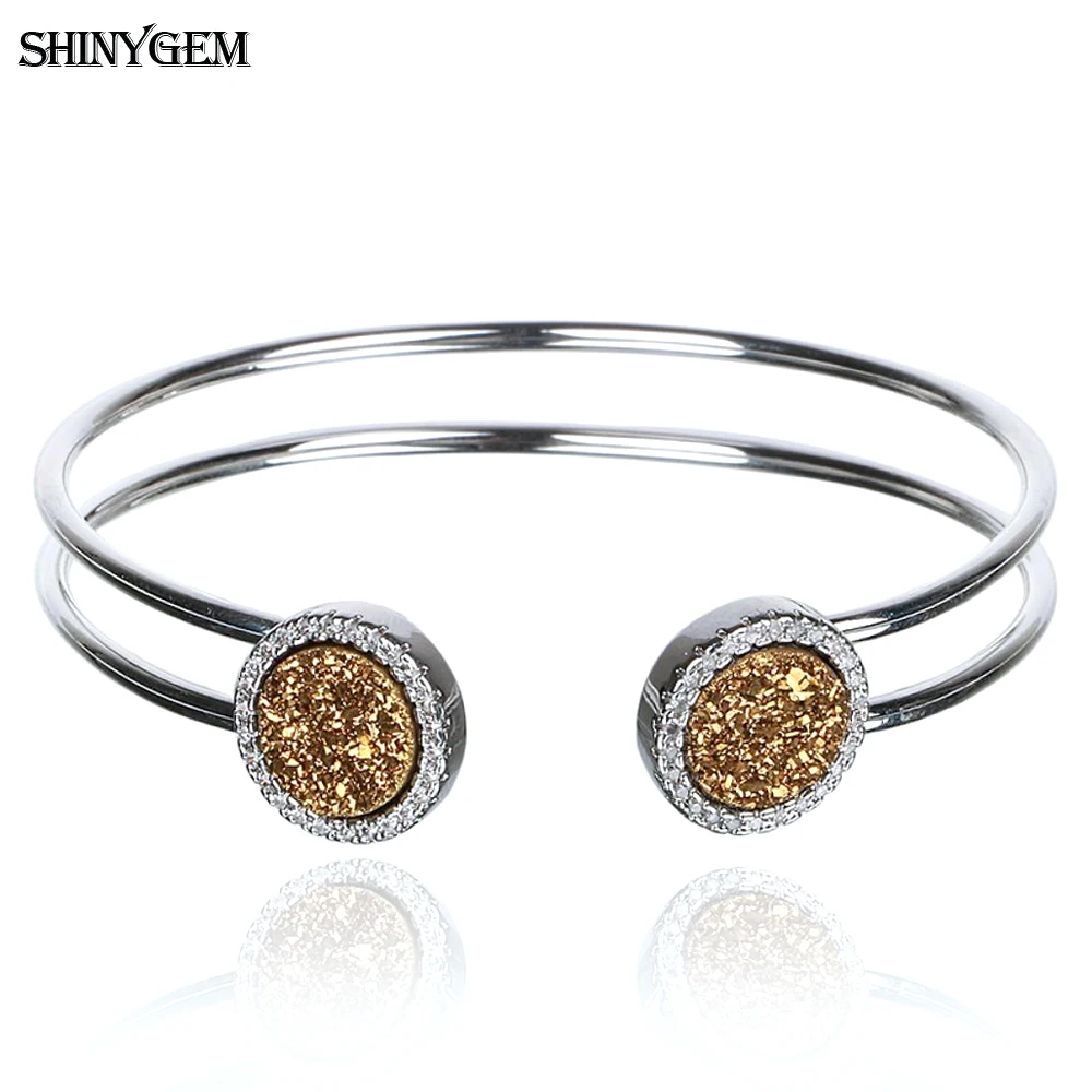 ShinyGem Fashion Double Crystal Ston Bangles Micro Inlay Zircon Sliver Color Adjustable Open Cuff Bracelets For Women Luxury