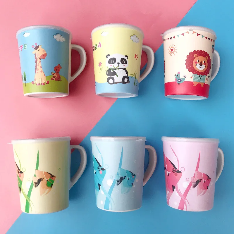 250ML Cute Cartoon Bamboo Fiber Children Drinking Cup Food Grade Resin Water Cup Kids Juice Milk Cup With Lid